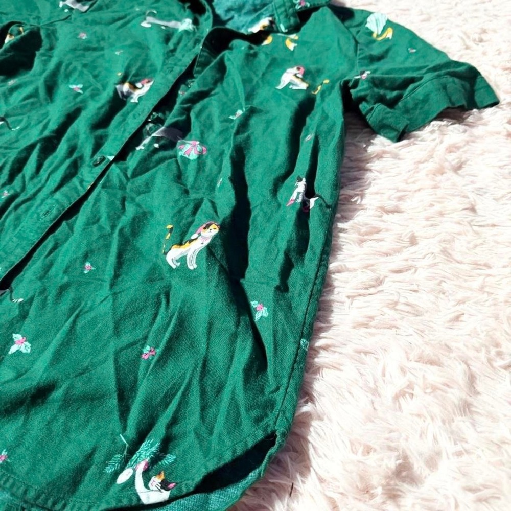 Holiday Christmas Cat Lady Cartoon Silly Festive Kidcore Button Down Womens XS - Picture 4 of 6